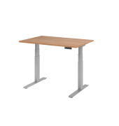 Sitz-Steh-Schreibtisch Basic, elektrisch höhenverstellbar, 64-129cm (H), 120x80cm (BxT), rechteckig, nussbaum / silber