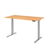 Sitz-Steh-Schreibtisch Basic, elektrisch höhenverstellbar, 64-129cm (H), 160x80cm (BxT), rechteckig, buche / silber