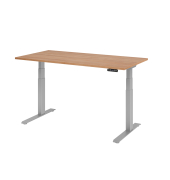 Sitz-Steh-Schreibtisch Basic, elektrisch h&ouml;henverstellbar, 64-129cm (H), 160x80cm (BxT), rechteckig, nussbaum / silber