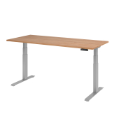 Sitz-Steh-Schreibtisch Basic, elektrisch h&ouml;henverstellbar, 64-129cm (H), 180x80cm (BxT), rechteckig, nussbaum / silber