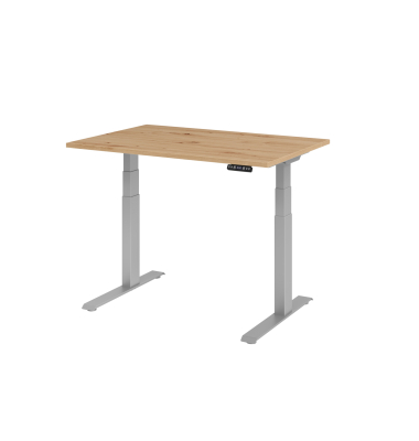 Sitz-Steh-Schreibtisch Basic, elektrisch h&ouml;henverstellbar, 64-129cm (H), 120x80cm (BxT), rechteckig, asteiche / silber