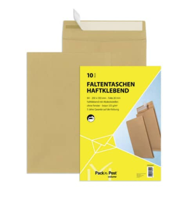 Faltentaschen 30002647, B4, ohne Fenster, 20mm-Falte, haftklebend, 130g, braun