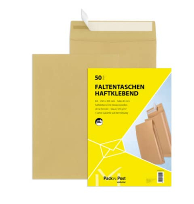 Faltentaschen 30002522, B4, ohne Fenster, 40mm-Falte, haftklebend, 130g, braun