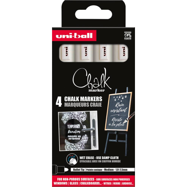 3 Stück uni-ball Kreidemarker Chalk PWE-5M, 186200, Packung, weiß, 1-2mm Rundspitze 3296280046778 uni-ball 4 Stück
