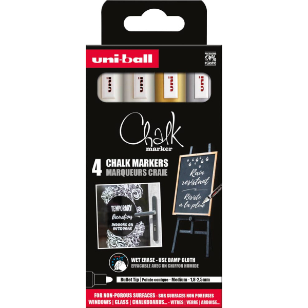 3 Stück uni-ball Kreidemarker Chalk PWE-5M, 186202, Packung, 4-farbig sortiert, 1-2mm Rundspitze 3296280046808 uni-ball 4 Stück