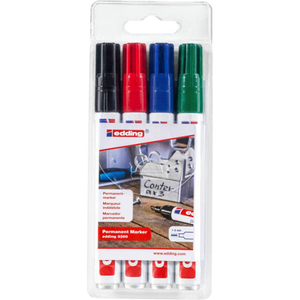 4057305072313 - edding 3300 Permanentmarker Breit Keilspitze 1 - 5 mm Farbig sortiert Nachfüllbar Wasserbeständig 4 Stück