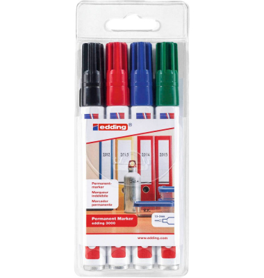 Permanentmarker 3000, 4-3000-4-2, Pack, 4-farbig sortiert, 1,5-3mm Rundspitze
