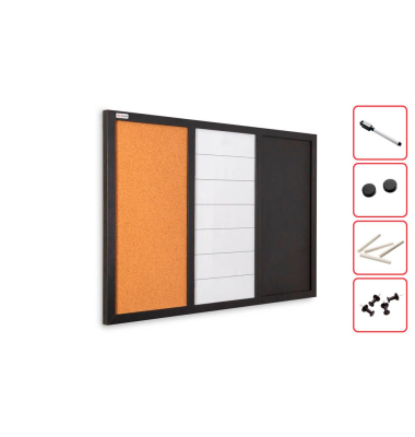 Kombitafeln 3-in-1 Kombitafel, CO64KBM_BK, Kork/Whiteboard/Kreide, Holz