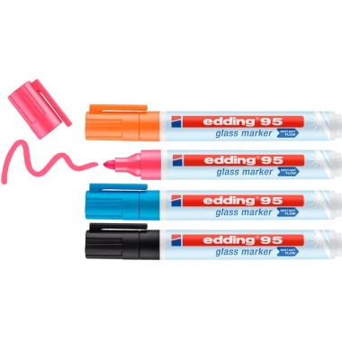  Glasboardmarker 95, 4-95-4-2, Etui, schwarz, hellblau, pink, orange, 1-5mm Rundspitze