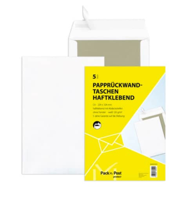 Versandtaschen 30002505 mit Papprückwand, C4, ohne Fenster, haftklebend, 120g, weiß