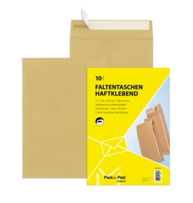 Faltentaschen 30002419, C4, ohne Fenster, 40mm-Falte, haftklebend, 120g, braun
