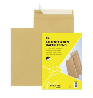 Faltentaschen 30002481, C4, ohne Fenster, 40mm-Falte, haftklebend, 125g, braun