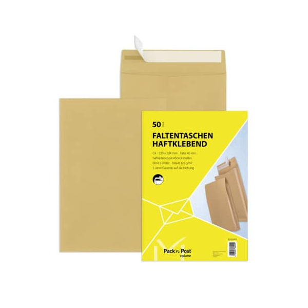 4003928380229 - Faltentaschen 30002481 C4 ohne Fenster 40mm-Falte haftklebend 125g braun 4003928380229 50 Stück
