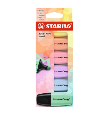 Textmarker BOSS MINI Pastellove, 07/6-2-01, Pack, 6-farbig sortiert, 2-5mm Keilspitze