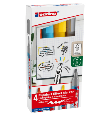 Flipchartmarker 385 effect, 4-385-4, orange, gelb, hellblau, silbergrau, 1-5mm Pinselspitze