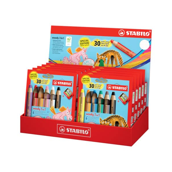 Stabilo Buntstifte-Set STABILO woody 3 in 1 Display „30 Jahre Spaß: Einhorn + Tiger“, 8806/60-1, 10x 6-farbig sortiert, rund, jumbo, Packung im Displa
