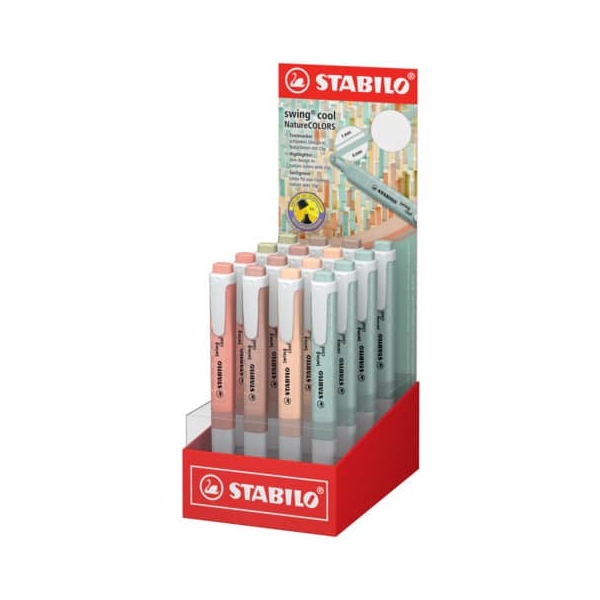 16 Stück Stabilo Textmarker STABILO swing cool NatureCOLORS Display, 275/16-9, rot/pastellfarben, 1-4mm Keilspitze  Stabilo