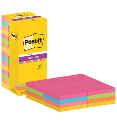 Haftnotizen 654-16SS-COL, Super Sticky Notes Carnival, 76x76mm, ultragelb/paradiseblau/limonengrün/powerpink/vitalorange, quadra