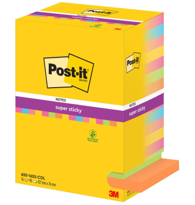 Haftnotizen 655-16SS-COL, Super Sticky Notes Carnival, 76x127mm, ultragelb/paradiseblau/limonengrün/powerpink/vitalorange, recht