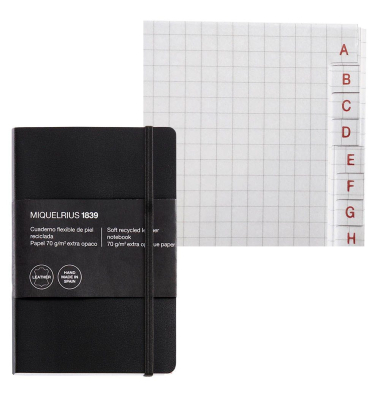 Notizbuch A042090, Leather, schwarz, kariert, 70,g