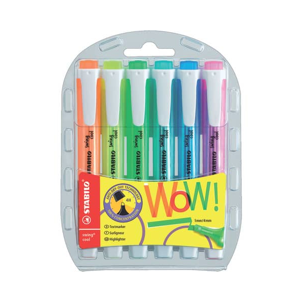 4006381467285 - swing cool Packung mit 6 Textmarkern - flacher Schaft - abgeschrägte Spitze - 1 bis 4mm Strichstärke - Tinte auf Wasserbasis - trocknet nicht