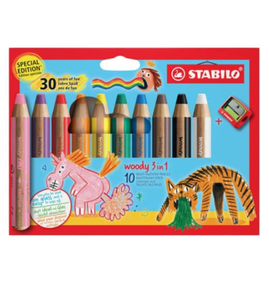 Buntstifte-Set STABILO woody 3 in 1, EO880/10-3, farbig sortiert, rund, jumbo, Packung
