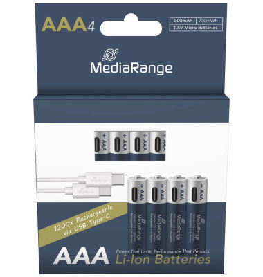 4 MediaRange USB-Akkus mit Ladekabel Mignon AAA 500 mAh