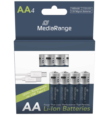 4 MediaRange USB-Akkus mit Ladekabel Mignon AA 1400 mAh