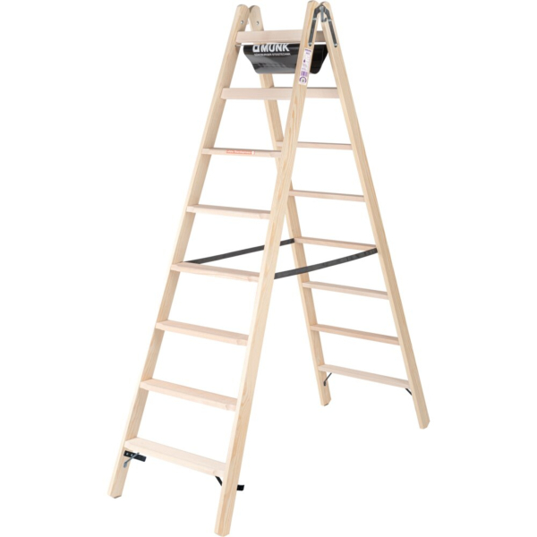 4031405338166 - Munk® Holz-Stufen-Stehleiter Nadelschnittholz Buche 80 mm geriffelt Hufeisenscharniere 150 kg Eimerhaken Textilgurt-Spreizsicherung 2x8 Stufen