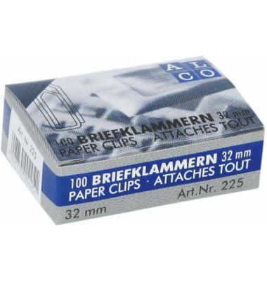 Büroklammern 225, 32mm, Metall verzinkt silber
