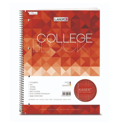 Collegeblock 100050152 Hot, Muster, Lineatur 22 / liniert mit Rand innen, A4+, 70g, rot, 160 Blatt