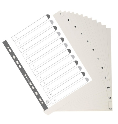 Kunststoffregister 1712E, 1 bis 12, A4, graue Taben, 12-teilig + Deckblatt