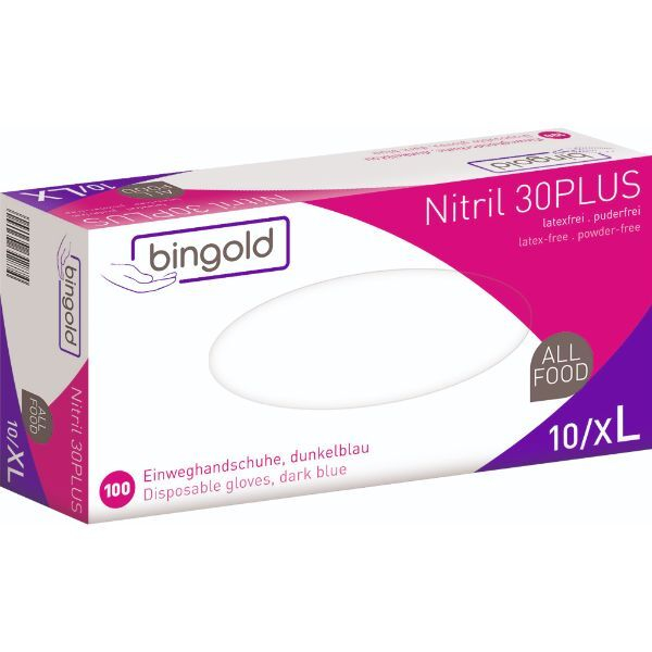 Bingold Einweghandschuhe Nitril 30Plus, Nitril, lebensmittelecht, blau, Größe 9 / L, 4004034634275 Bingold 100 Stück