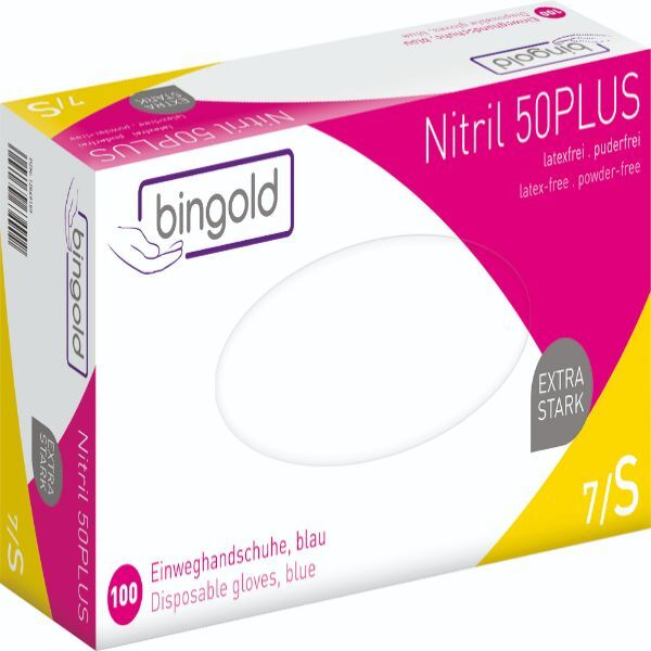10 Stück Bingold Einweghandschuhe Nitril 50Plus, Nitril, lebensmittelecht, blau, Größe 7 / S, 4004034634909 Bingold 100 Stück
