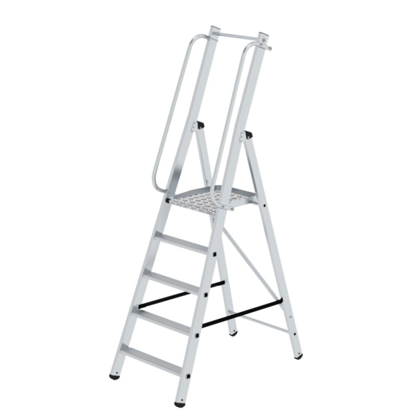 4031405510951 - Munk Plattformleiter 5 Stufen Aluminium stabile Rechteckrohr-Holme große Plattform Handläufe vormontiert rutschsichere Leiterschuhe 150 kg