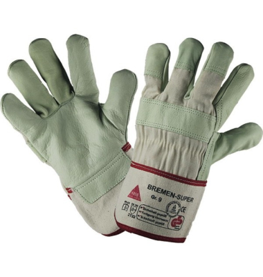 Arbeitshandschuhe Bremen Super, Leder, gr&uuml;n/beige, Gr&ouml;&szlig;e 9 / L