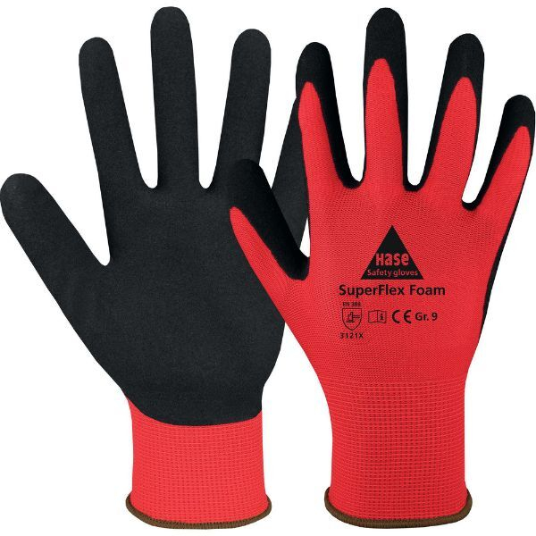 10 Stück Hase Montagehandschuhe SuperFlex Foam, Latexschaum, rot/schwarz, Größe 6 / XS 4018949861565 Hase