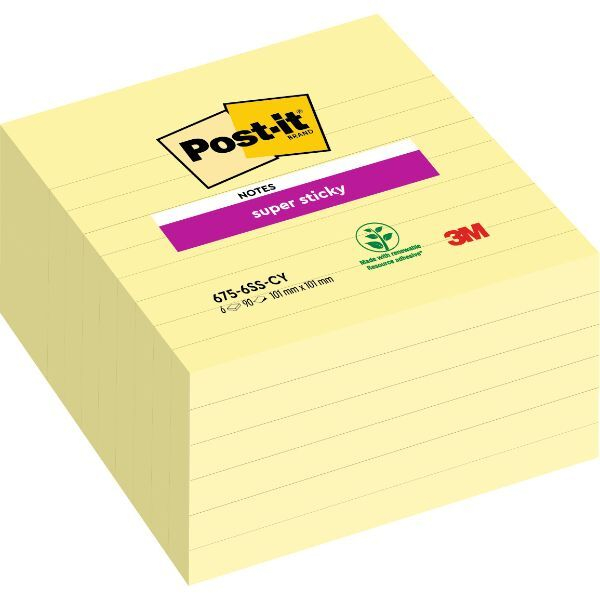 0051141998831 - Post-it Haftnotizen 101 x 101 mm Kanariengelb Quadratisch Liniert 6 Stück à 90 Blatt