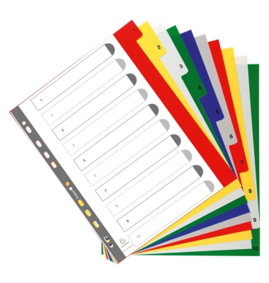 Kunststoffregister 84E, 1 bis 10, A4+, 120µm, farbige Taben, 10-teilig + Deckblatt