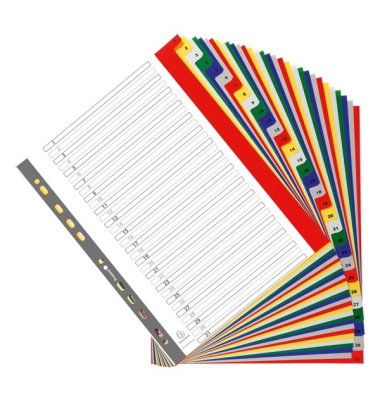 Kunststoffregister 88E, 1 bis 31, A4+, 120µm, farbige Taben, 31-teilig+ Deckblatt
