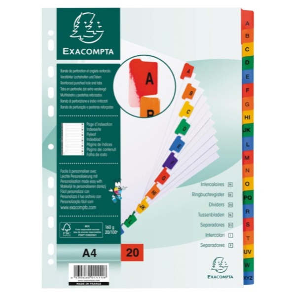 Exacompta Kartonregister 1111E, A bis Z, A4, 160 g/m², farbige Taben, 20-teilig 3130630011118 Exacompta