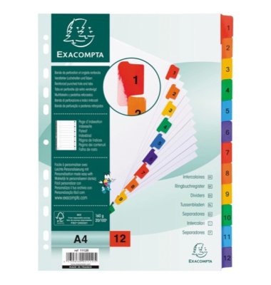 Kartonregister 1112E, 1 bis 12, A4, 160 g/m², farbige Taben, 12-teilig