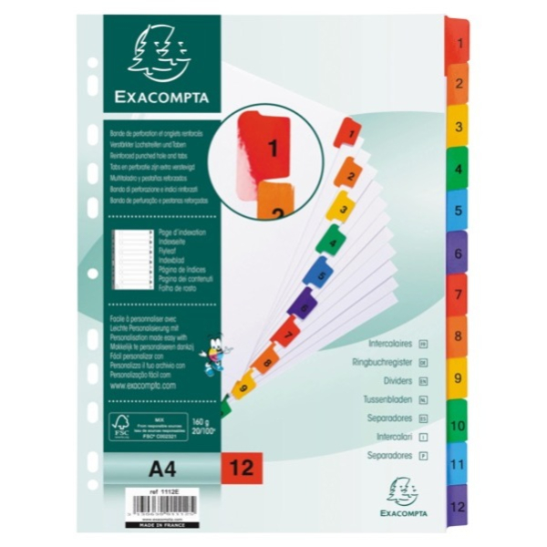 Exacompta Kartonregister 1112E, 1 bis 12, A4, 160 g/m², farbige Taben, 12-teilig 3130630011125 Exacompta