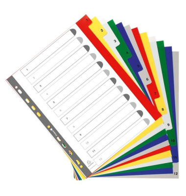 Kunststoffregister 2512E, 1 bis 12, A4+, 120µm, farbige Taben, 12-teilig + Deckblatt