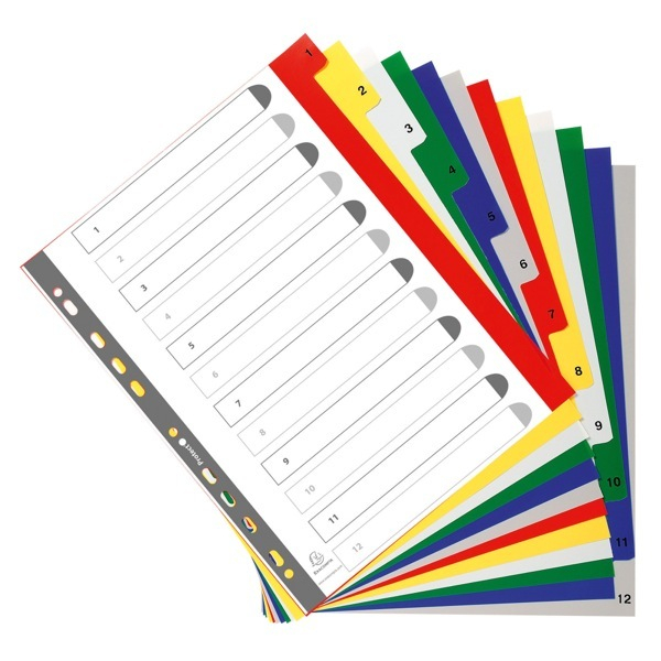 Exacompta Kunststoffregister 2512E, 1 bis 12, A4+, 120µm, farbige Taben, 12-teilig + Deckblatt 3130630025122 Exacompta