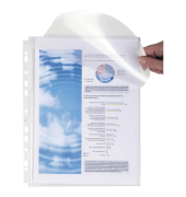 Prospekthüllen Kristall 5503E mit Klappe mit verstärken Lochstreifen, mit dehnbarem Faltenrücken 25 mm., A4 glasklar glatt, oben