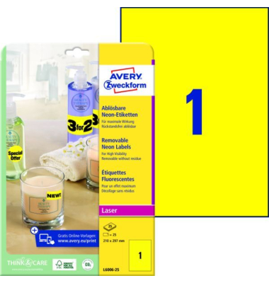 Etiketten L6006-20, neongelb, 210x297mm, rechteckig