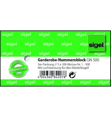 Nummer GN500, 1-500, farbig sortie 5 Blöcke mit je 100 Blatt