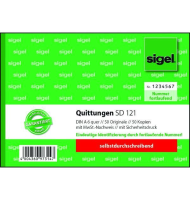 Quittung mit MwSt.-Nachweis, mit Nummerierung, A6q, 2f., sd, 2x50Bl.