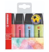 Textmarker BOSS ORIGINAL Pastel, 70/4-3, Etui (4 #), farbig sortiert (blau/limette/korallenrot/rosa), 2-5mm Keilspitze